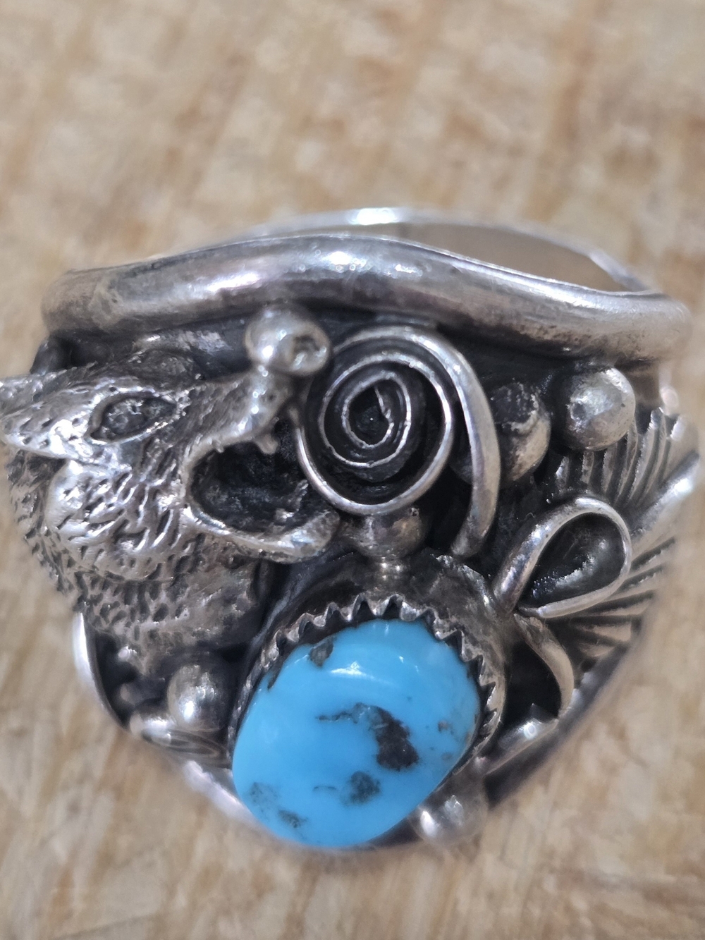 Southwestern Howling Wolf Sterling Silver Turquoise Ring Size 13
